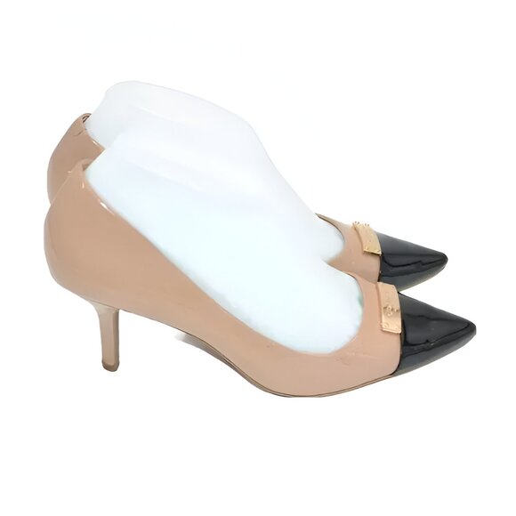 Coach Black Tan Beige Minimalist Cap Toe Spectator Patent Leather Heels Pumps 7 - Picture 5 of 14